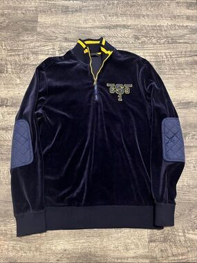 Sean John Navy Velvet Quarter-Zip Sweater with Yellow Trim